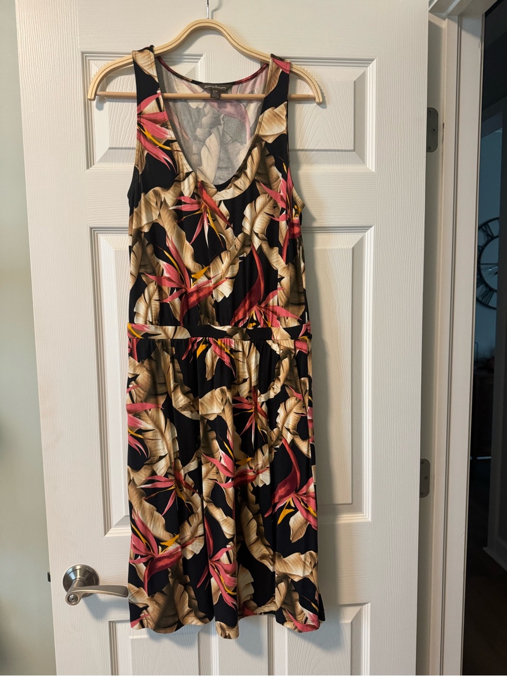 Tommy Bahama Black Midi Tank Dress Pink & Gold Tropical Bird of Paradise Leaves